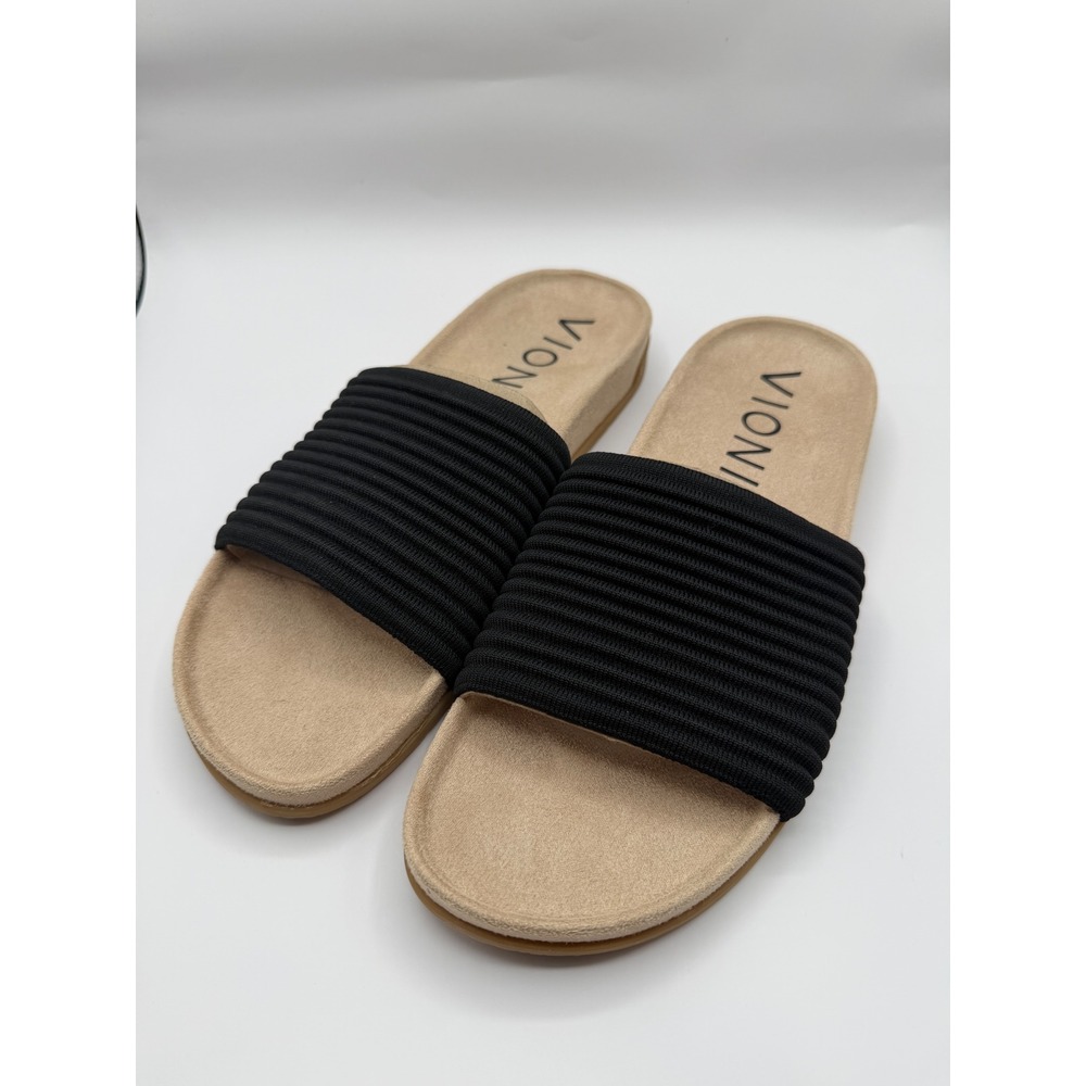 Vionic Evie Knit Slide Sandals Womens 12 Black Tan Orthopedic Comfort NEW